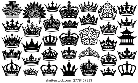 This image showcases a diverse assortment of black silhouette crowns and coronets, each featuring unique and intricate designs. The collection includes traditional royal crowns, ornate coronets, and detailed headpieces, all rendered in a sleek, monochromatic style. Perfect for use in graphic design, logos, branding, or any project requiring regal and elegant motifs. The clean, high-contrast aesthetic ensures versatility across various applications, from invitations and certificates to decorative elements and artistic compositions.