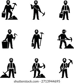 Esta Imagen muestra una colección diversa de siluetas mineras en un formato de Vector limpio, blanco y negro. Los iconos presentan mineros en varias poses, equipados con herramientas como piquetas y cascos,