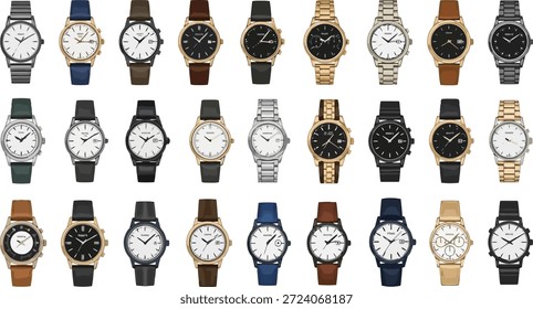 Esta Imagen muestra una colección diversa de relojes elegantes dispuestos sobre un fondo blanco limpio. El surtido presenta varios diseños, materiales y colores, destacando las características únicas de cada reloj. Los relojes muestran una gama de estilos, desde clásicos y elegantes hasta modernos y de moda, lo que hace que esta Imagen sea adecuada para su uso en publicidad, catálogos de productos o editoriales de moda.