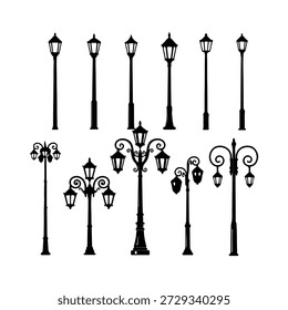 Dieses Bild zeigt eine vielfältige Kollektion von Silhouetten-Designs von Vintage-Straßenlaternenpfosten. In der oberen Reihe befinden sich sieben einköpfige Lampenständer mit variierendem Stab- und Laternenstil, die eine traditionellere und klassischere Ästhetik aufweisen. Die untere Reihe präsentiert fünf mehrköpfige Lampenpfosten, darunter Designs mit drei und vier Lichtern, sowie mehr verzierte und dekorative Stile mit gekrümmten Armen und komplizierten Details, die ein Gefühl von historischem Charme und Eleganz hervorrufen.