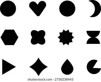 Esta Imagen muestra una colección diversa de doce Formas negras distintas y sólidas presentadas sobre un fondo blanco limpio. La disposición presenta varias formas geométricas y abstractas, incluyendo círculos, un corazón, una luna creciente, un hexágono, una explosión estelar, un diamante y una forma de lágrima. Estos iconos minimalistas representan conceptos fundamentales en el diseño y la comunicación visual, perfectos para proyectos de iconografía o arte abstracto. El fuerte contraste hace que cada forma única sea claramente visible, ideal para diseñadores gráficos que buscan Formas fundamentales para Elementos de marca o interfaz. Este conjunto ofrece activos visuales versátiles que enfatizan la simplicidad y la forma clara.