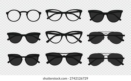 This image showcases a diverse collection of nine different sunglasses and eyeglasses designs, arranged in three rows of three. The designs vary in style, shape, and lens type, including round, cat-eye, and aviator shapes, with some featuring tinted lenses and others having clear lenses. The eyewear is presented against a transparent background, suggesting its use in graphic design or digital media.