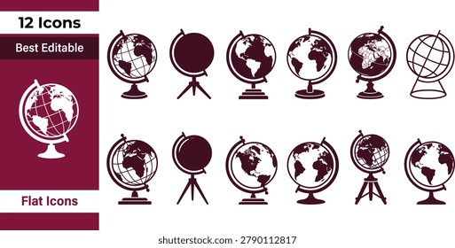 This image showcases a diverse collection of twelve flat design icons, each representing a globe with varying styles of continents and oceans. The icons are presented on a clean white background