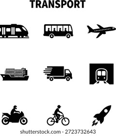 Esta Imagen muestra una amplia gama de modos de transporte, incluyendo un tren, autobús, avión, barco de carga, camión, metro, motocicleta, bicicleta y cohete, destacando las diversas formas en que las personas y las mercancías pueden ser transportadas.