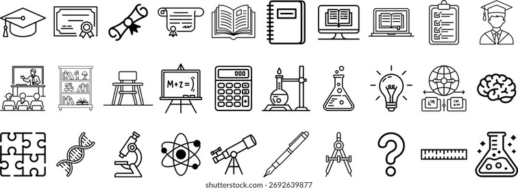 This image showcases a diverse set of hand-drawn icons representing scientific concepts, tools, and learning elements, ideal for educational materials and presentations.