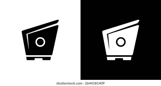 This image showcases a duotone design of a minimalistic icon. The icon features a boxy shape with an angled top, a centered circle, and short block feet.