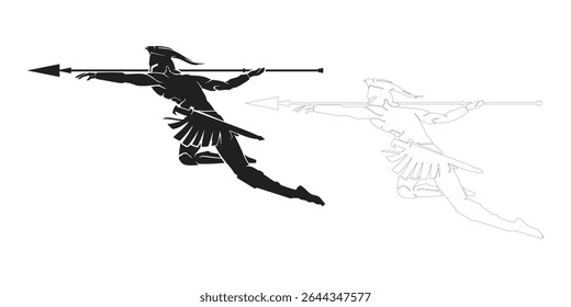 Esta imagem mostra uma silhueta dinâmica de um guerreiro espartano no meio do salto, jogando uma lança. O estilo minimalista distintivo enfatiza a poderosa pose do guerreiro.