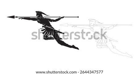 This image showcases a dynamic silhouette of a Spartan warrior mid-leap, throwing a spear. The distinctive minimalist style emphasizes the warrior's powerful pose.