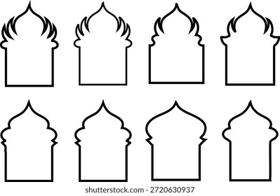 Esta Imagen muestra ocho diseños distintos de ventanas o puertas arqueadas, presentados en un estilo minimalista en blanco y negro. Los diseños varían en curvatura y detalle, ofreciendo una selección de Elementos arquitectónicos.