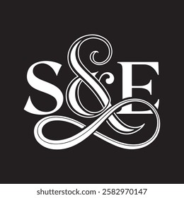 This image showcases an elegant and stylish logo design featuring the letters and E with an  symbol in between. The design uses elaborate, flowing curves, particularly 