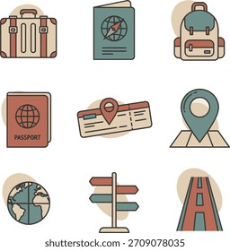 Esta Imagen muestra artículos de viaje esenciales: maleta, pasaporte, mochila, boleto, mapa, globo terráqueo, señalización y carretera, que simbolizan la aventura y la exploración.