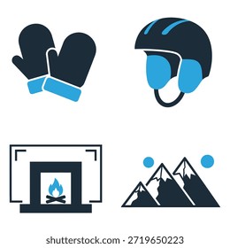 Esta Imagen muestra Elementos invernales esenciales, manoplas acogedoras, un casco de esquí protector, una chimenea cálida y cumbres montañosas nevadas con nieve caída. Evoca sensaciones de Clima frío, diversión y confort.
