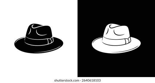 This image showcases a fedora hat presented in monochrome style. One side displays a black hat against a white backdrop, and the other, a white hat over black.