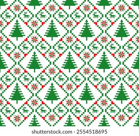 This image showcases a festive Christmas pattern with green pixelated Christmas trees, red snowflakes, and reindeer, arranged in diamond-shaped grids on a white background. Vector seamless pattern