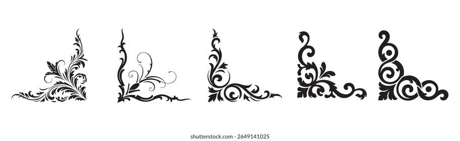 This image showcases five distinct corner ornaments in black, featuring intricate floral and swirling designs on a clean white background.