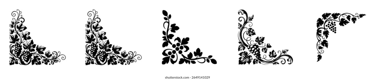 Esta imagem mostra cinco enfeites de canto distintos em preto e branco, adornados com uvas, folhas e desenhos de videira em espiral.