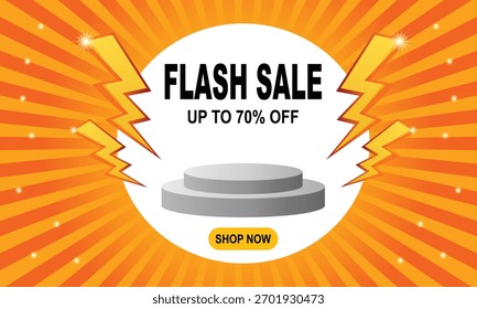 Esta Imagen muestra una promoción de venta flash con un fondo naranja vibrante y rayos. Cuenta con un podio y un llamado a la acción para comprar ahora