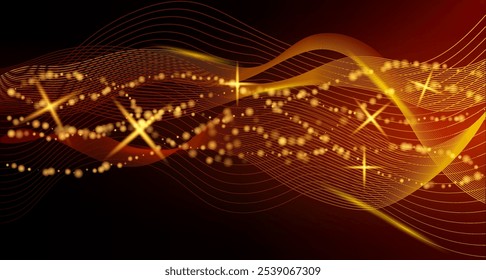 This image showcases flowing golden waves with sparkling lights on a dark background, representing an abstract concept. Vector illustration