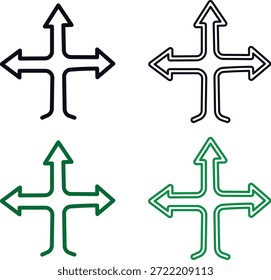 Dieses Bild zeigt vier Pfeile, die in verschiedene Richtungen zeigen und jeweils in einer bestimmten Farbe dargestellt werden. Das Design setzt einen auffälligen Silhouettenstil ein, der eine minimalistische und eindrucksvolle visuelle Darstellung von Auswahl und Richtung schafft. hochwertig professionell detailliert modern elegant stilvoll sauber
