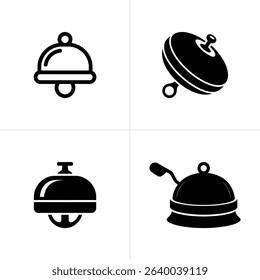 This image showcases four black and white icons two distinct bell designs, one angled covered dish, and one covered dish with a handle, all simple silhouettes.