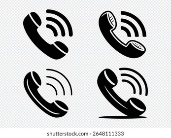 Esta imagem mostra quatro ícones pretos de telefone celular com linhas de sinal de radiação. O plano de fundo transparente é ideal para designers gráficos.