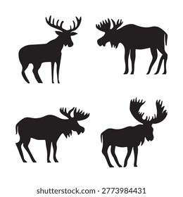 This image showcases four black silhouettes of moose in varying stances, offering a graphic representation of these majestic animals.