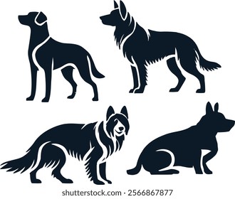 This image showcases four bold and elegant dog silhouettes, each highlighting unique postures and features. The artistic design emphasizes the distinct characteristics of different breeds, making it i