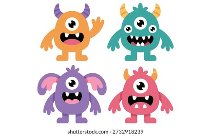 This image showcases four brightly colored, cartoonish monsters. Each monster possesses unique characteristics like different hues, horn shapes, and varying expressions, creating a playful scene. high-quality professional detailed