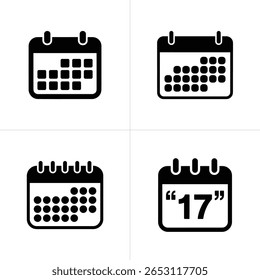 This image showcases four calendar icons in black and white, illustrating date and week representations, and specifically highlights the seventeenth day of the month.