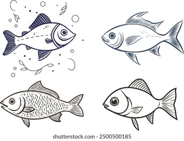 This image showcases four detailed illustrations of different fish. 