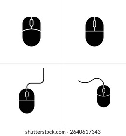 This image showcases four different illustrations of a black computer mouse against a clean white background, featuring both wireless and wired designs, including top and angled perspectives.