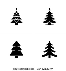 This image showcases four different minimalist Christmas tree icons in black on a white background. Designs range from geometric triangles to smooth, rounded shapes topped with stars.