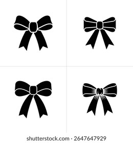 This image showcases four different black bow silhouettes set against a stark white background, displaying varied shapes and stylistic features for graphic design.