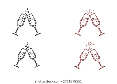 This image showcases four different artistic renderings of champagne glasses clinking, symbolizing celebration, joy, and special occasions.