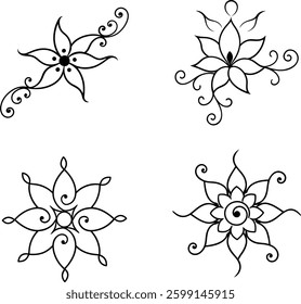 This image showcases four distinct, black and white floral designs.