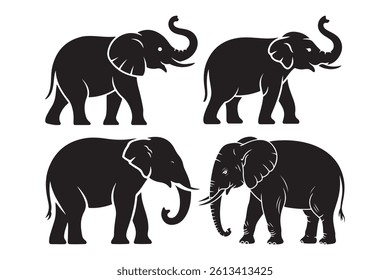 This image showcases four distinct silhouettes of elephants in various postures.