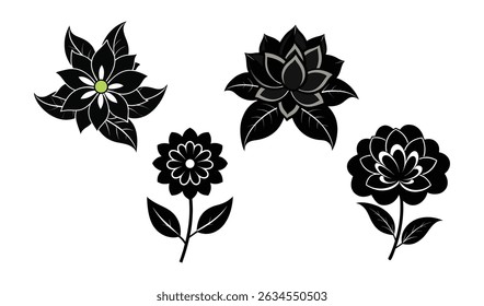 This image showcases four distinct floral illustrations in black and white, with varying petal designs and stem configurations, isolated on a white background.
