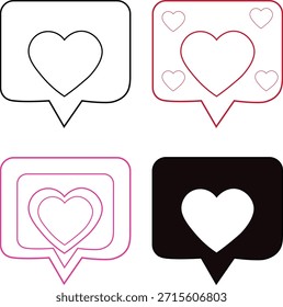 Dieses Bild zeigt vier verschiedene herzförmige Sprechblasendesigns, die sich in Farbschemata und Umrissen unterscheiden und Liebe und Kommunikation visuell darstellen.