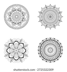 Esta Imagen muestra cuatro diseños de mandala distintos, cada uno con patrones complejos y simétricos. Los mandalas están dispuestos en una cuadrícula cuadrada, con cada diseño ocupando su propio cuadrante. Los diseños varían en su complejidad y estilo, algunos con patrones florales y otros con Formas geométricas. Los mandalas se representan en blanco y negro, enfatizando la naturaleza detallada y precisa de la obra de arte.