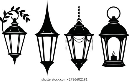 This image showcases four distinct styles of lanterns, each with unique designs and features. The lanterns are depicted in black and white, highlighting their intricate details. The image is set against a transparent background, making it versatile for various design projects. The lanterns include a classic hanging lantern with a leafy design, a tall and slender lantern, a lantern with a chain hanger, and a lantern with a handle on top.
