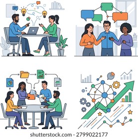 This image showcases four distinct scenes of business professionals engaging in collaborative activities. The top left scene shows two individuals discussing ideas at a desk with a laptop and lightbul