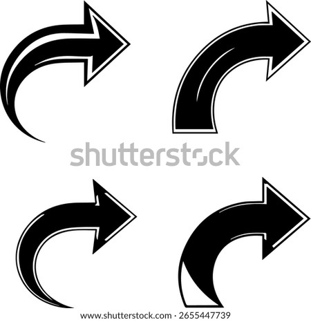 This image showcases four distinct glossy black curved arrows. Each arrow begins with a subtle curve and culminates in a sharp arrowhead, all directed towards the right on a clean white backdrop.