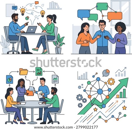 This image showcases four distinct scenes of business professionals engaging in collaborative activities. The top left scene shows two individuals discussing ideas at a desk with a laptop and lightbul