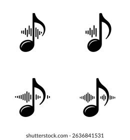 This image showcases four identical black musical note icons, each accompanied by a visual representation of audio waves, set against a clean white background.