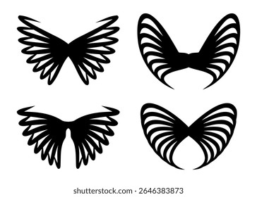 This image showcases four unique black abstract wing designs. Each design features stylized curved lines that fan outwards creating a sense of movement and elegance.