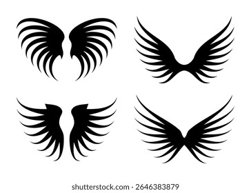 This image showcases four unique black wing designs each presented as a silhouette against a clean white background offering a variety of styles for creative projects.