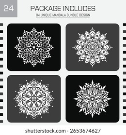 This image showcases four unique mandala designs, each intricately detailed. The contrast of white designs on black backgrounds creates a striking visual.