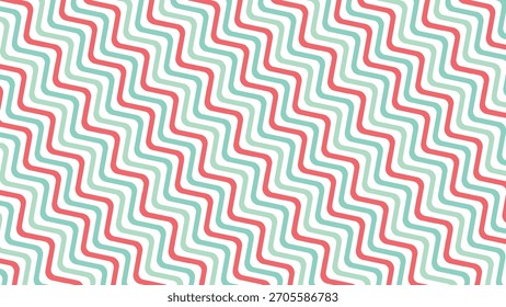 Esta Imagen muestra un patrón ondulado fresco y aireado con líneas onduladas repetidas en verde menta, coral y blanco, creando un fondo geométrico ligero y juguetón con un estilo animado, moderno y sin fisuras.