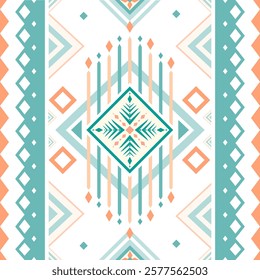 This image showcases a geometric pattern with a tribal or bohemian style. The design is symmetrical, featuring diamond shapes, arrows, and intricate lines in soft teal, orange, and cream tones.