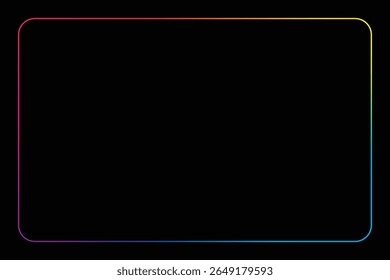 Esta imagem mostra uma borda retangular brilhante, com cores do arco-íris nitidamente contrastantes com o fundo preto profundo. O quadro apresenta cantos arredondados, dando uma aparência moderna elegante.